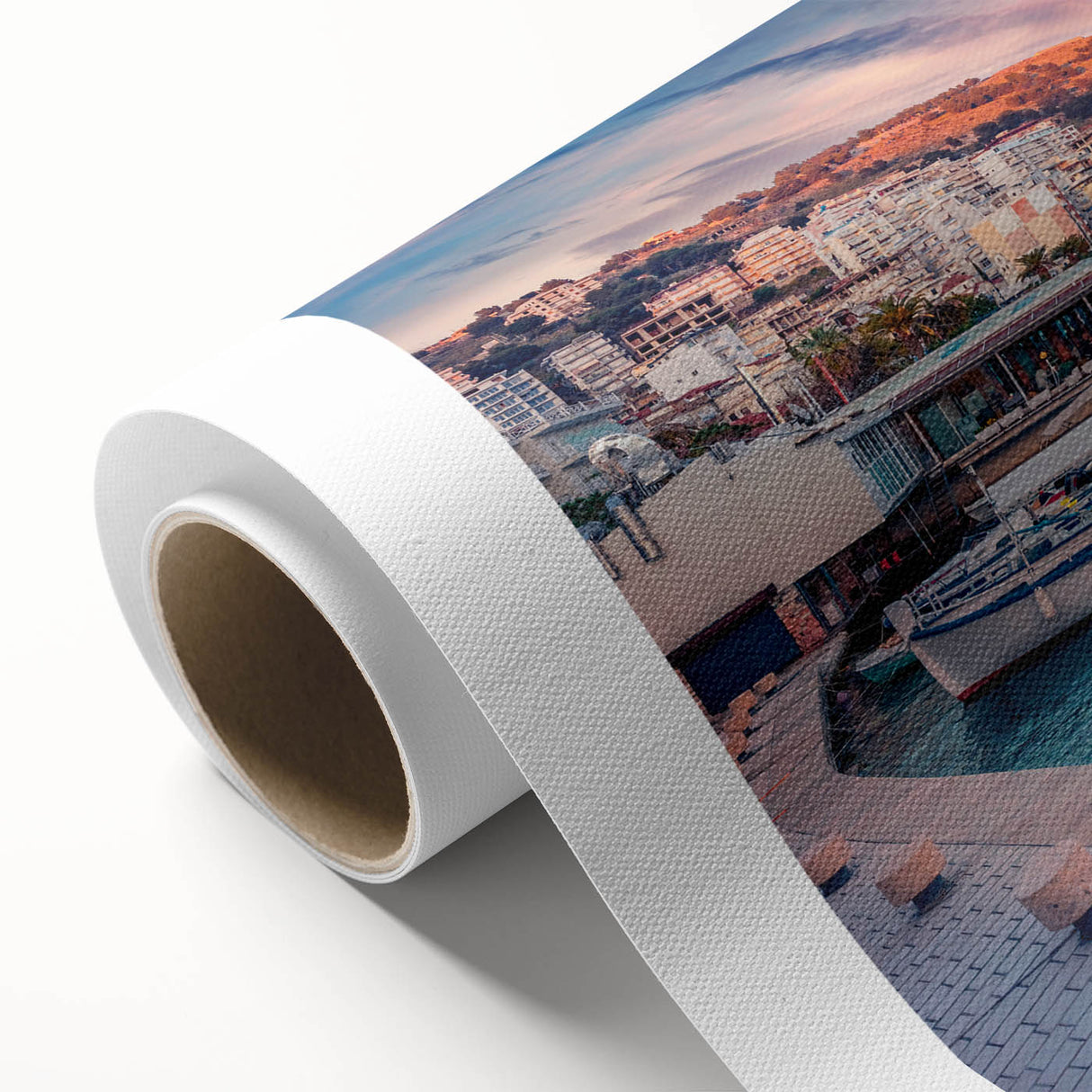 Art Deco style poster of an Albanian landscape on rolled canvas, with muted earth tones, ideal for nursery wall art.