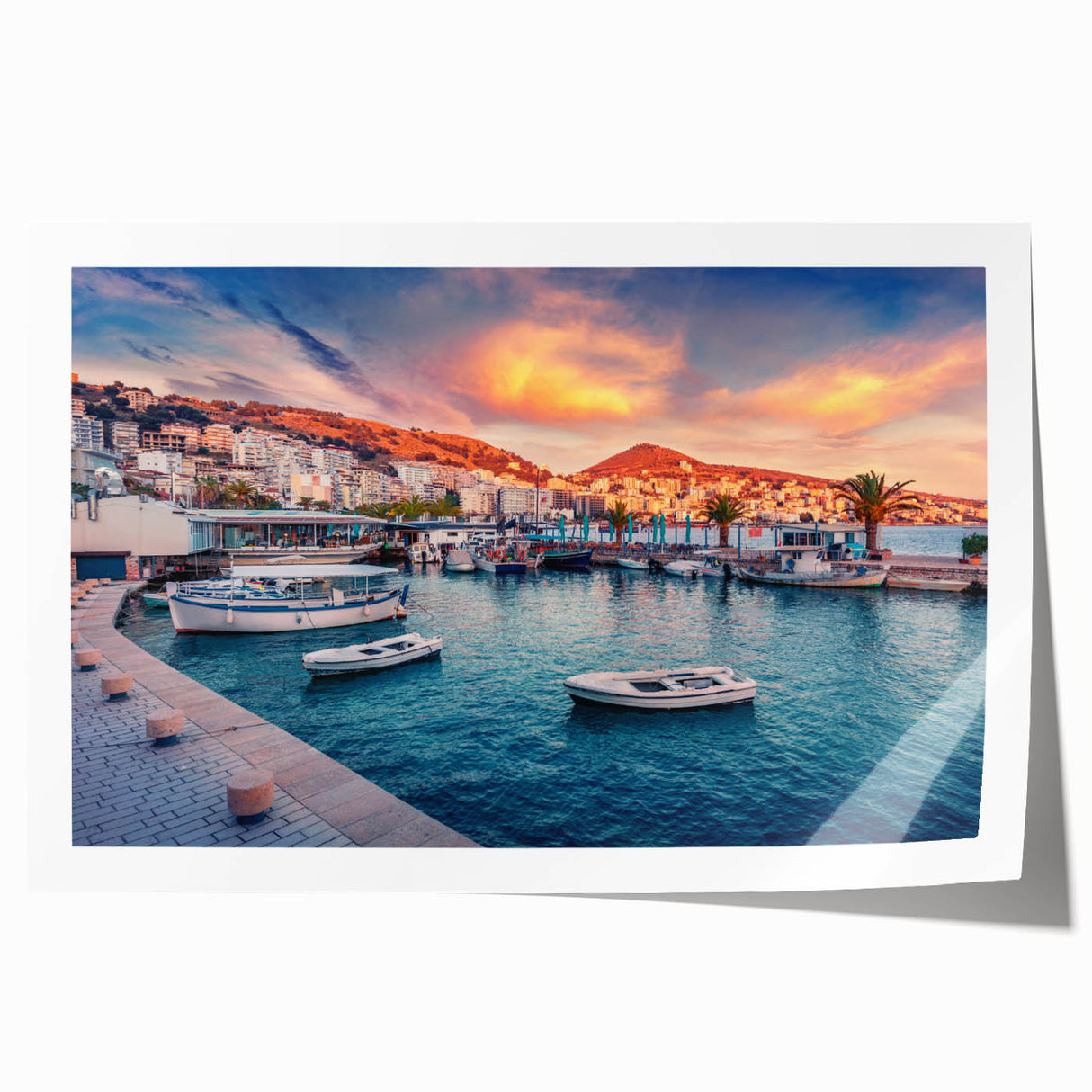 European Albanian scenery on rolled print with vibrant floral elements, suited for dining room or bathroom decor.