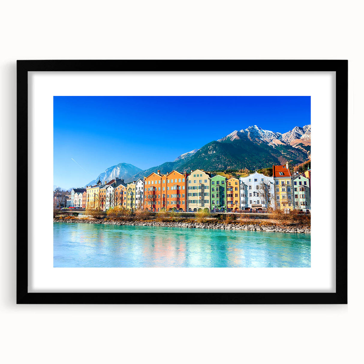 Extra large abstract art print of colorful Austrian scenery on textured canvas, framed in black.