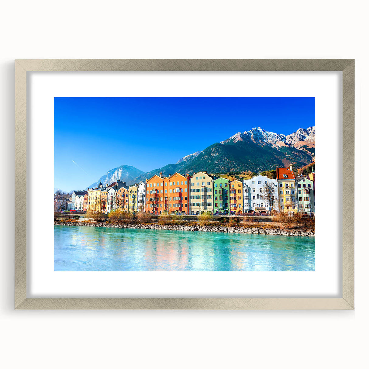 Extra large abstract art print depicting a textured European scenery in muted earth tones, framed in silver.