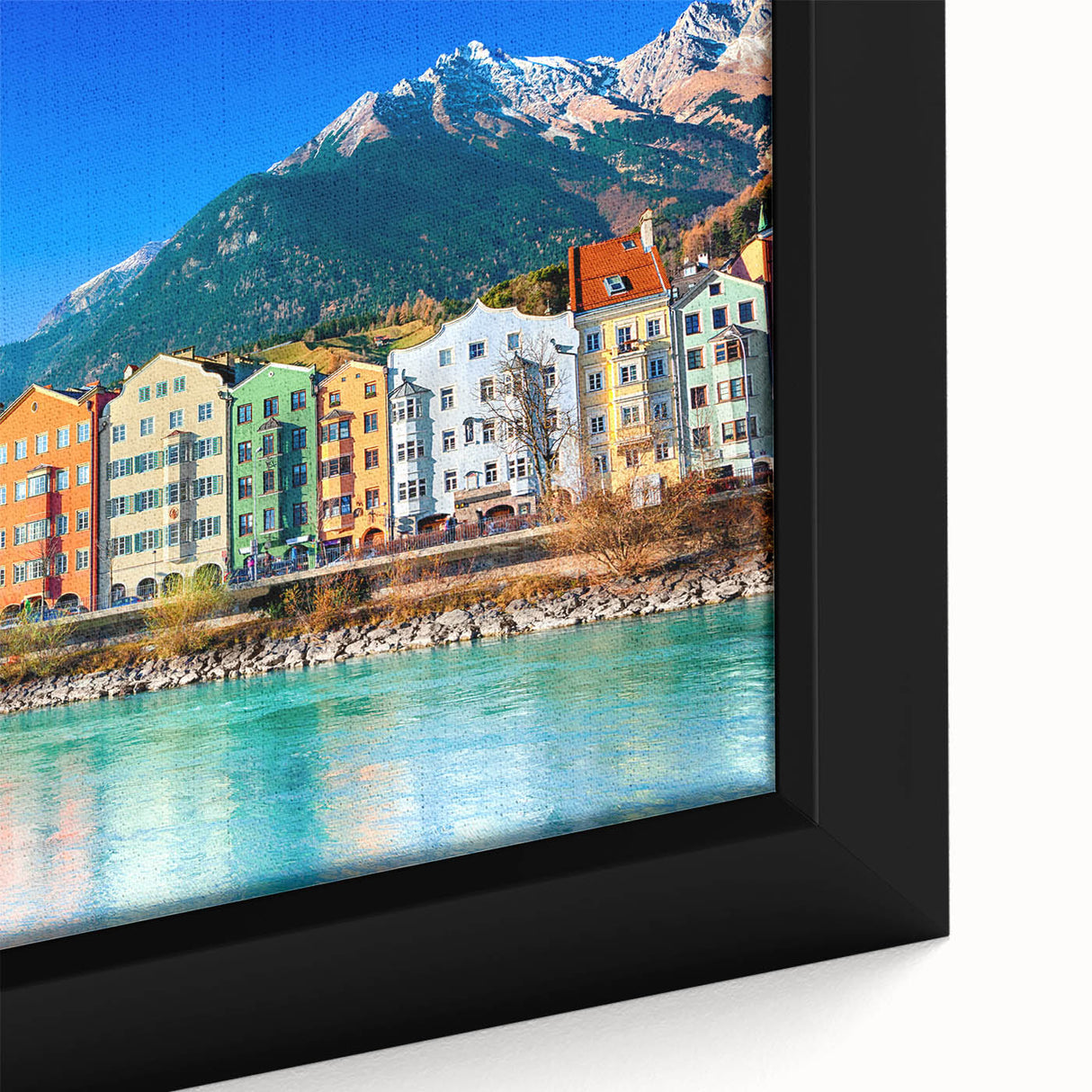 Black framed canvas featuring a textured, colorful Austrian landscape, ideal for living room decor.