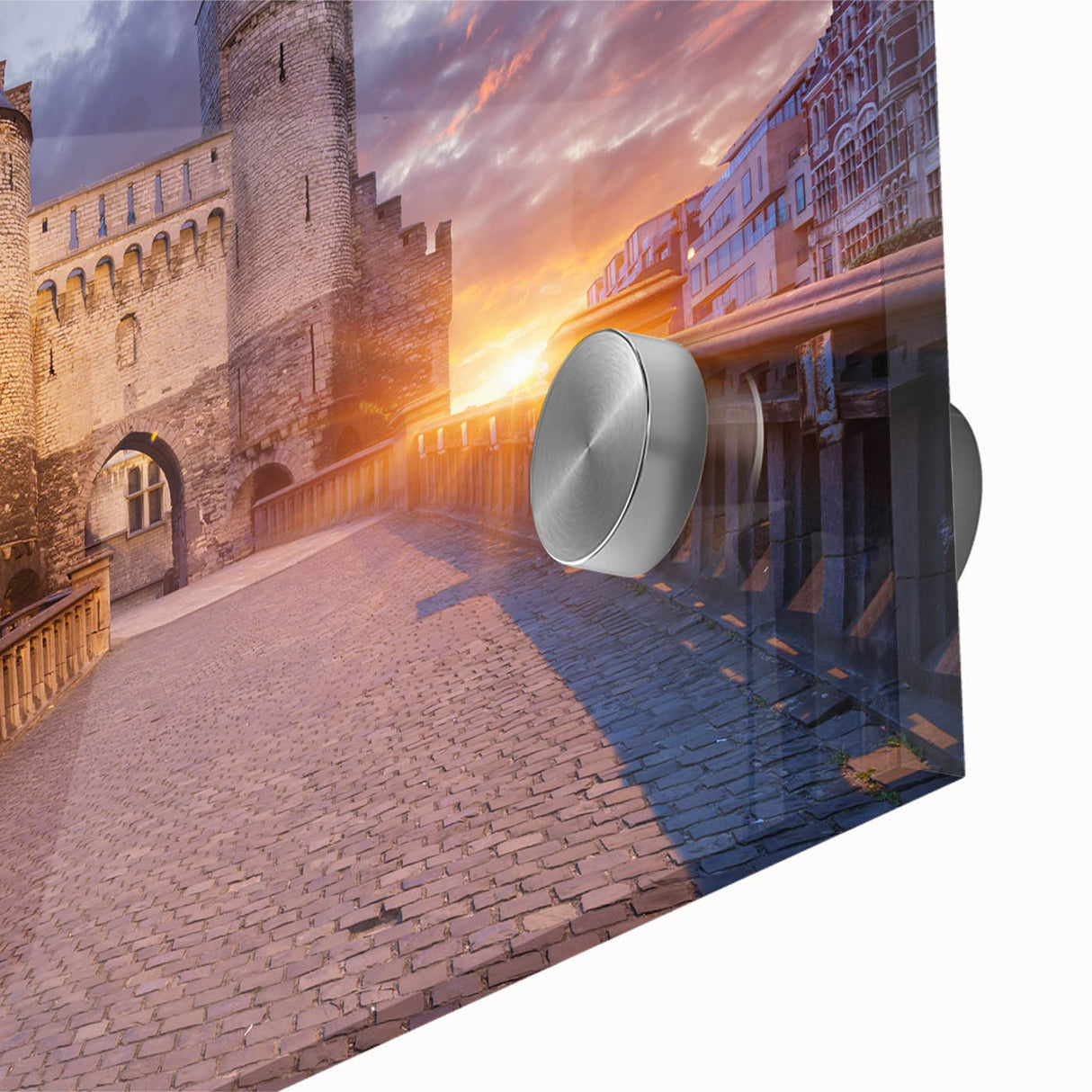 Large abstract wall art depicting a European scenery in muted earth tones on acrylic glass, ideal for dining room ambiance.