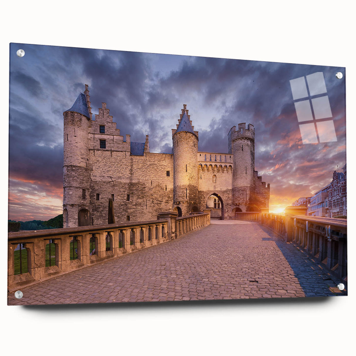 Acrylic print of a large abstract depiction of a European scenery, suitable for bedroom or dining room decor.