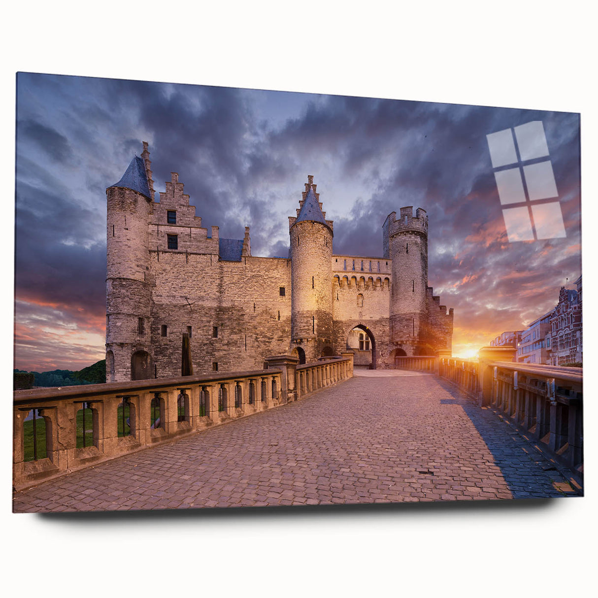 Large abstract depiction of a European scenery in muted earth tones on acrylic glass, ideal for bedroom or dining room art.