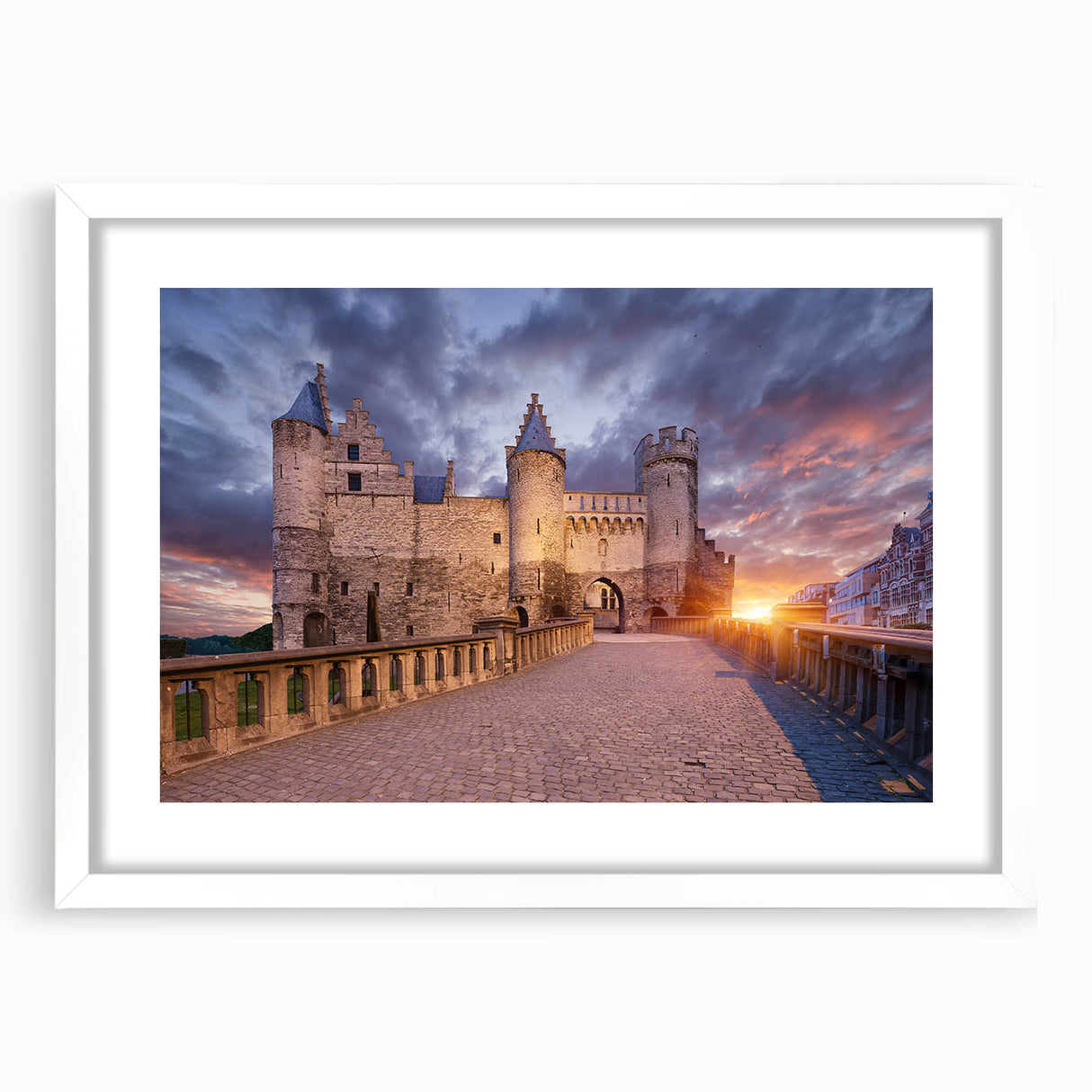 Textured abstract art print of a European scenery in muted earth tones, framed with a white mat, ideal for bedroom decor.