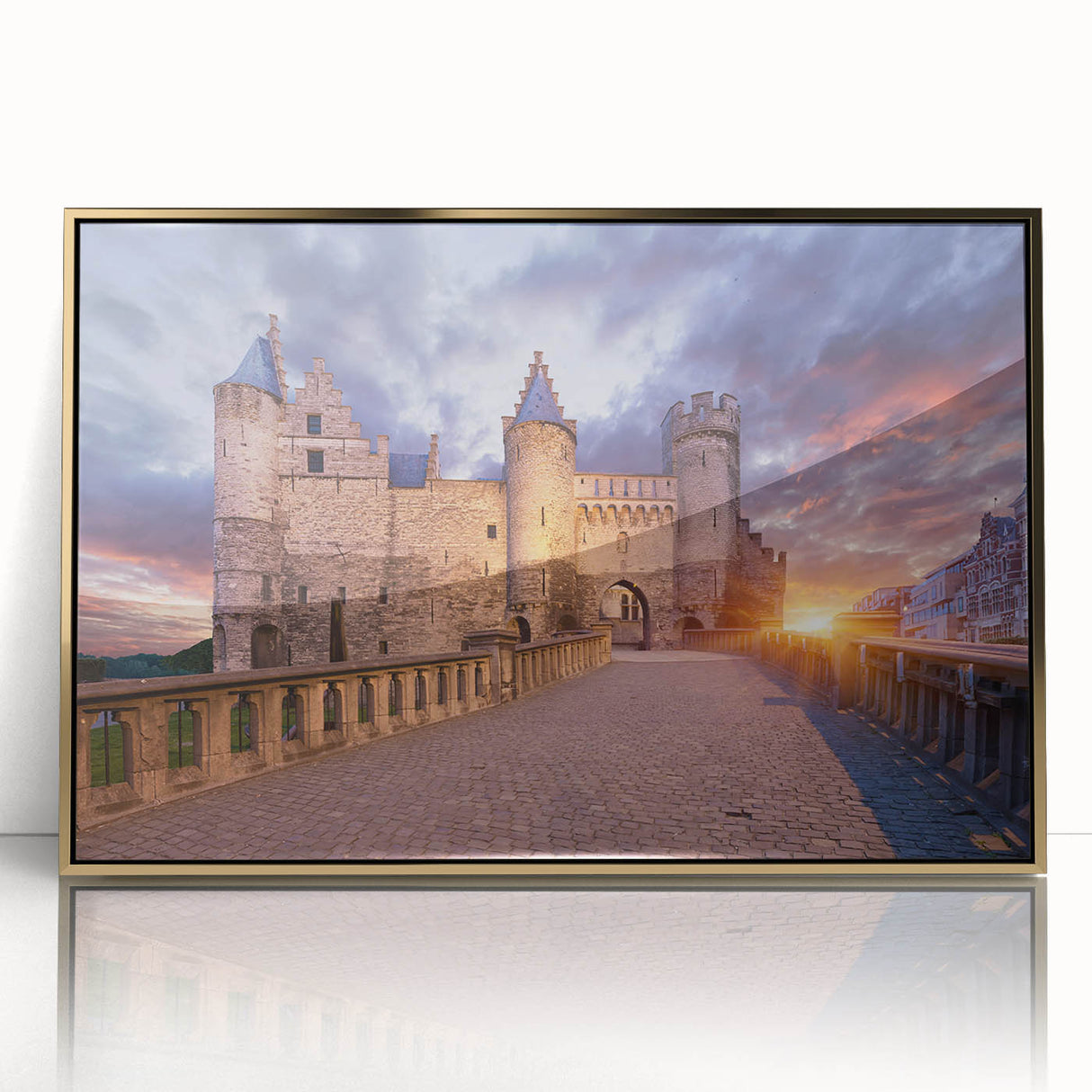 Art deco poster of a European scenery in Belgium, framed acrylic with gold tones, suitable for nursery wall art.