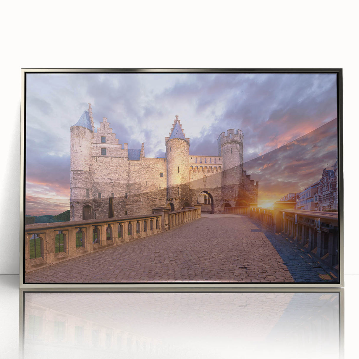 Large art print of a European landscape in muted earth tones on a silver-framed acrylic, ideal for modern art wall decor.