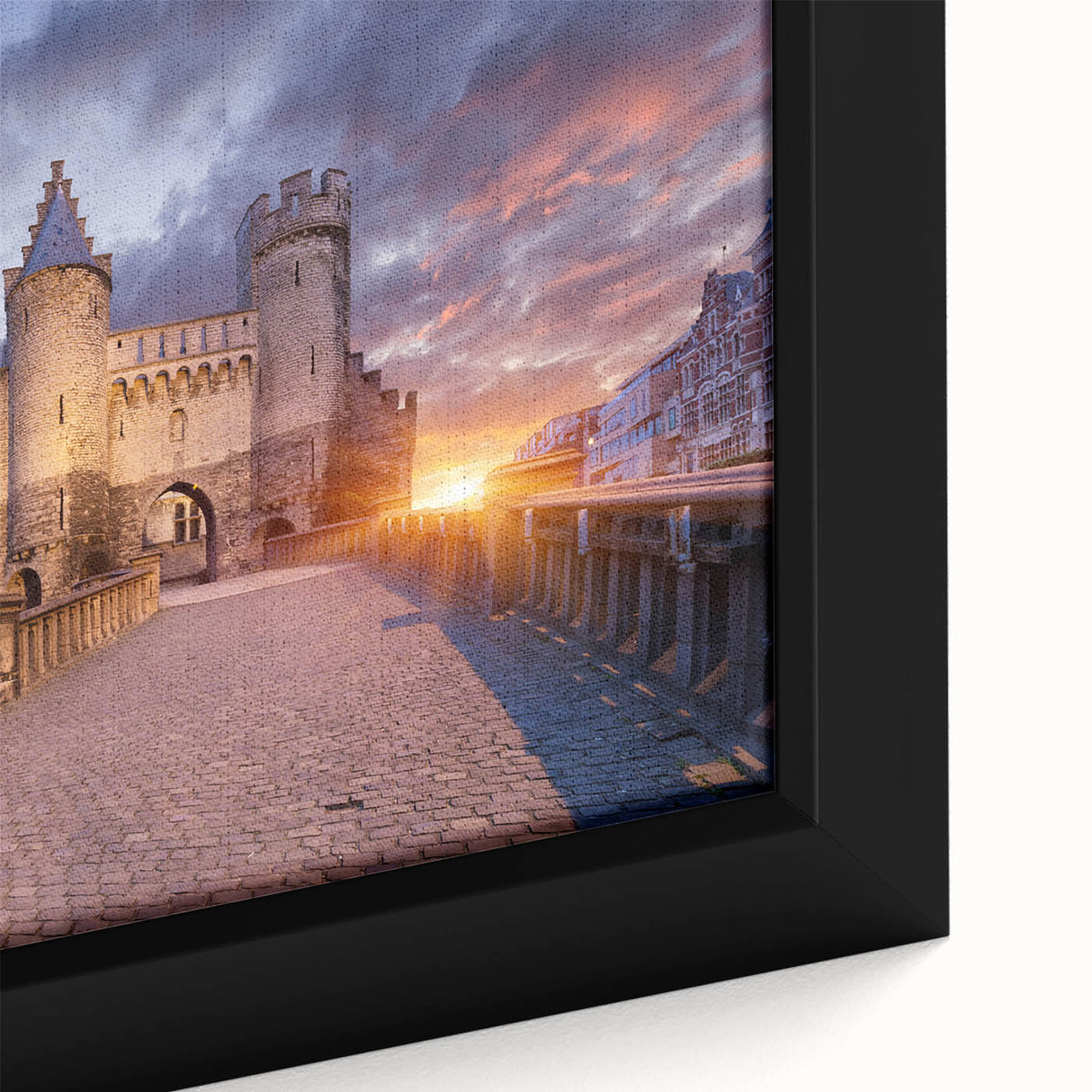 Extra large framed canvas featuring a textured, colorful depiction of a European cityscape in black with vibrant accents.