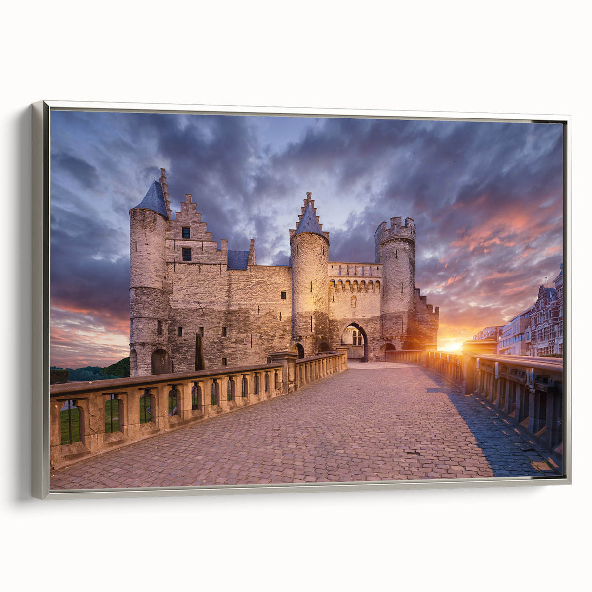 Landscape art painting featuring a vintage Belgian scenery in colorful hues on a framed canvas, ideal for living room decor.