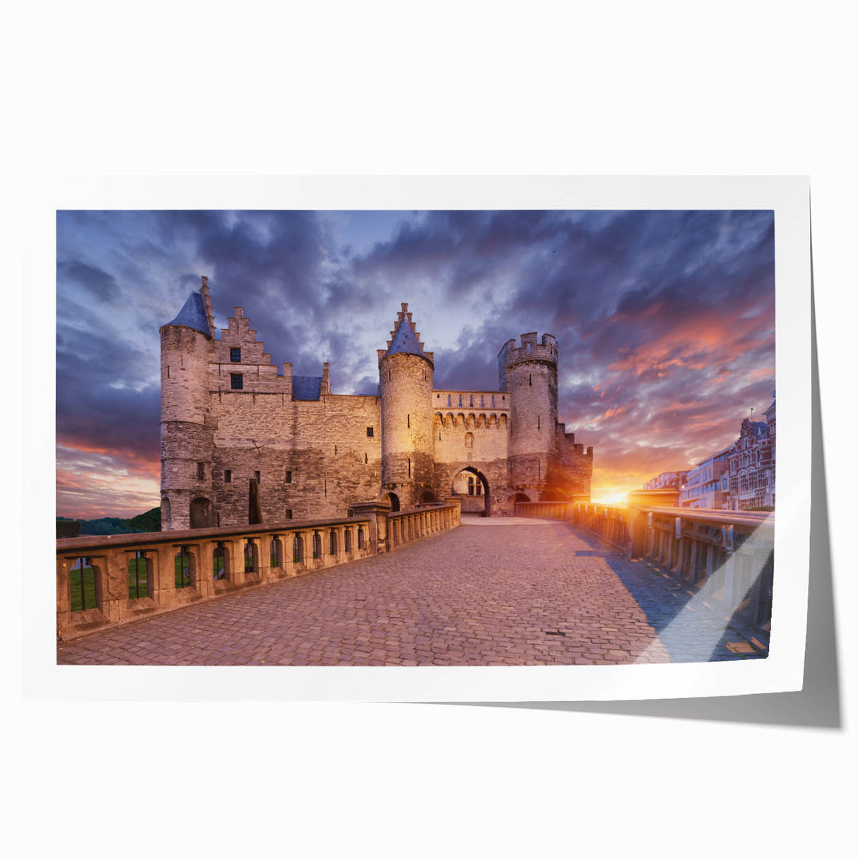 Extra large rolled print of a European scenery with floral elements in muted earth tones, suitable for dining room walls.