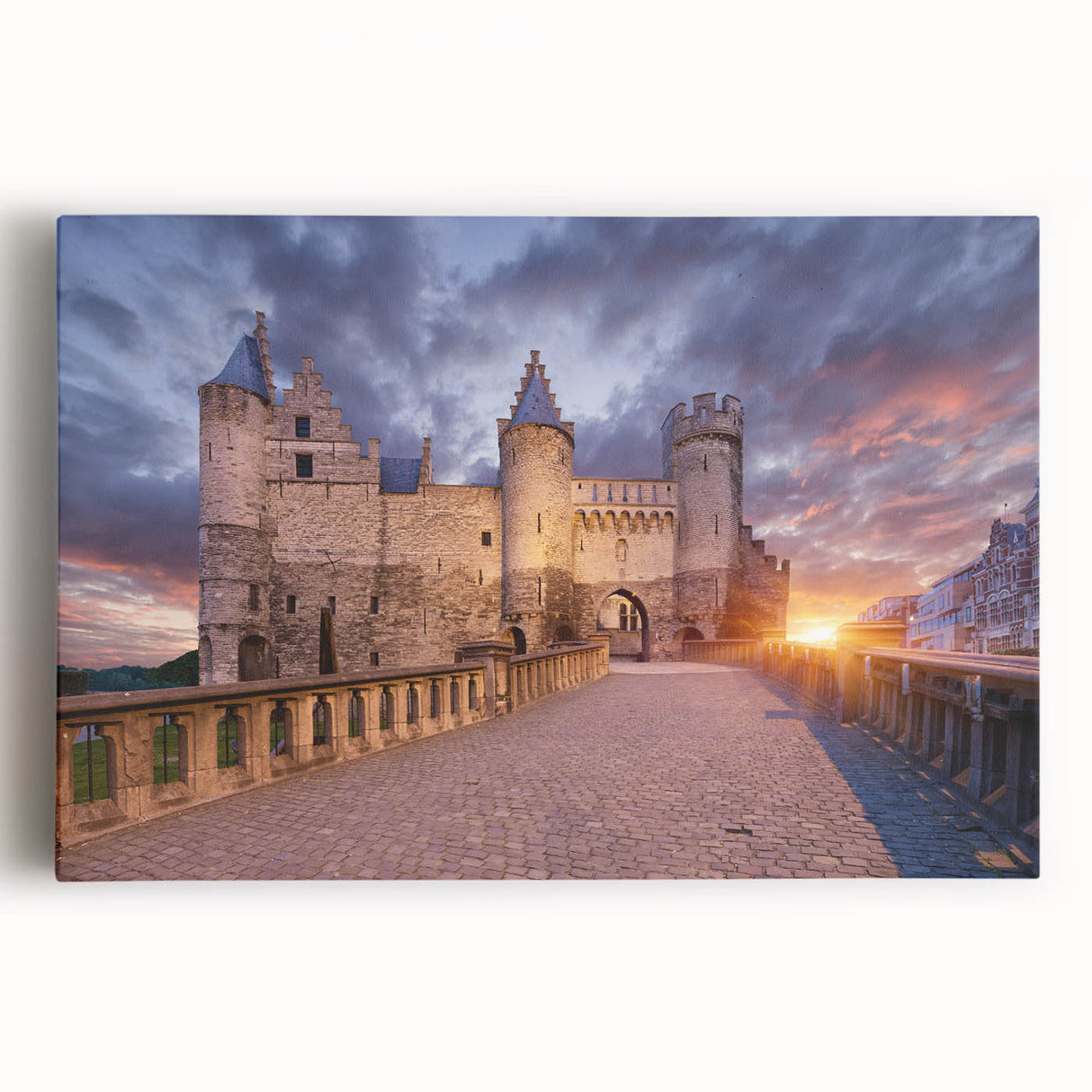 Black and white stretched canvas of a Belgian cityscape, ideal for kitchen wall art or bedroom ambiance.