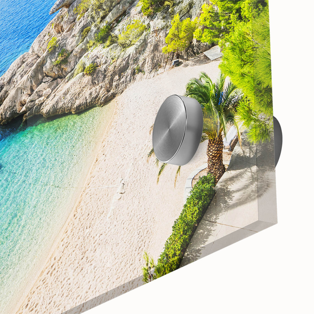 Large abstract wall art of a Croatian landscape in muted earth tones on acrylic glass, suitable for dining room ambiance.