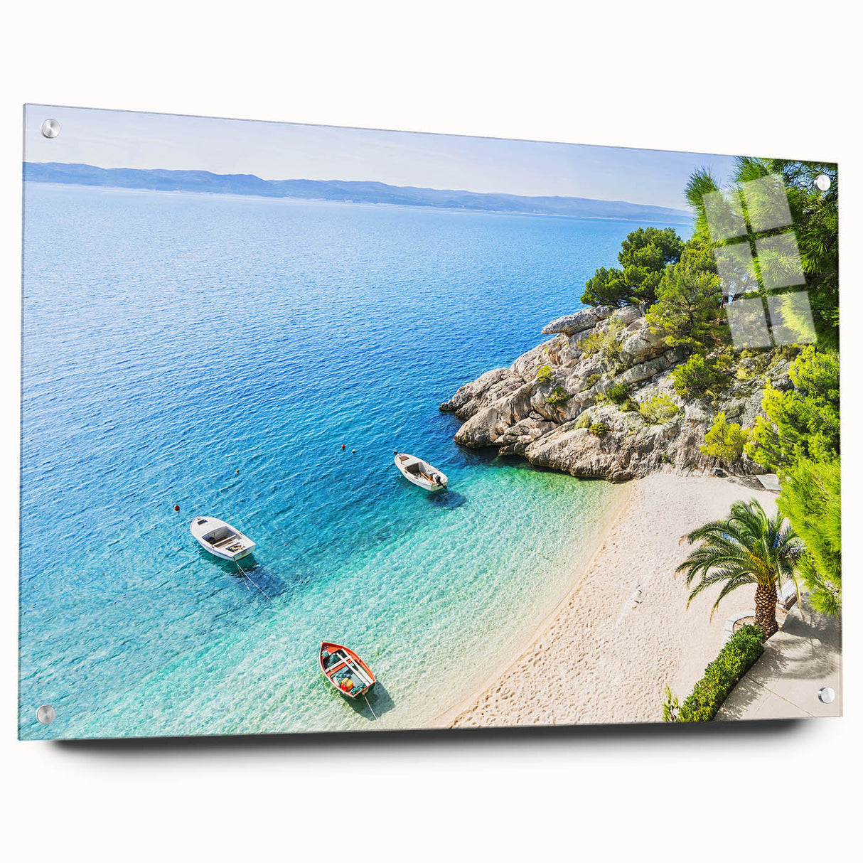 Acrylic print of a Croatian landscape with vivid blue and green tones, ideal for dining room decor.