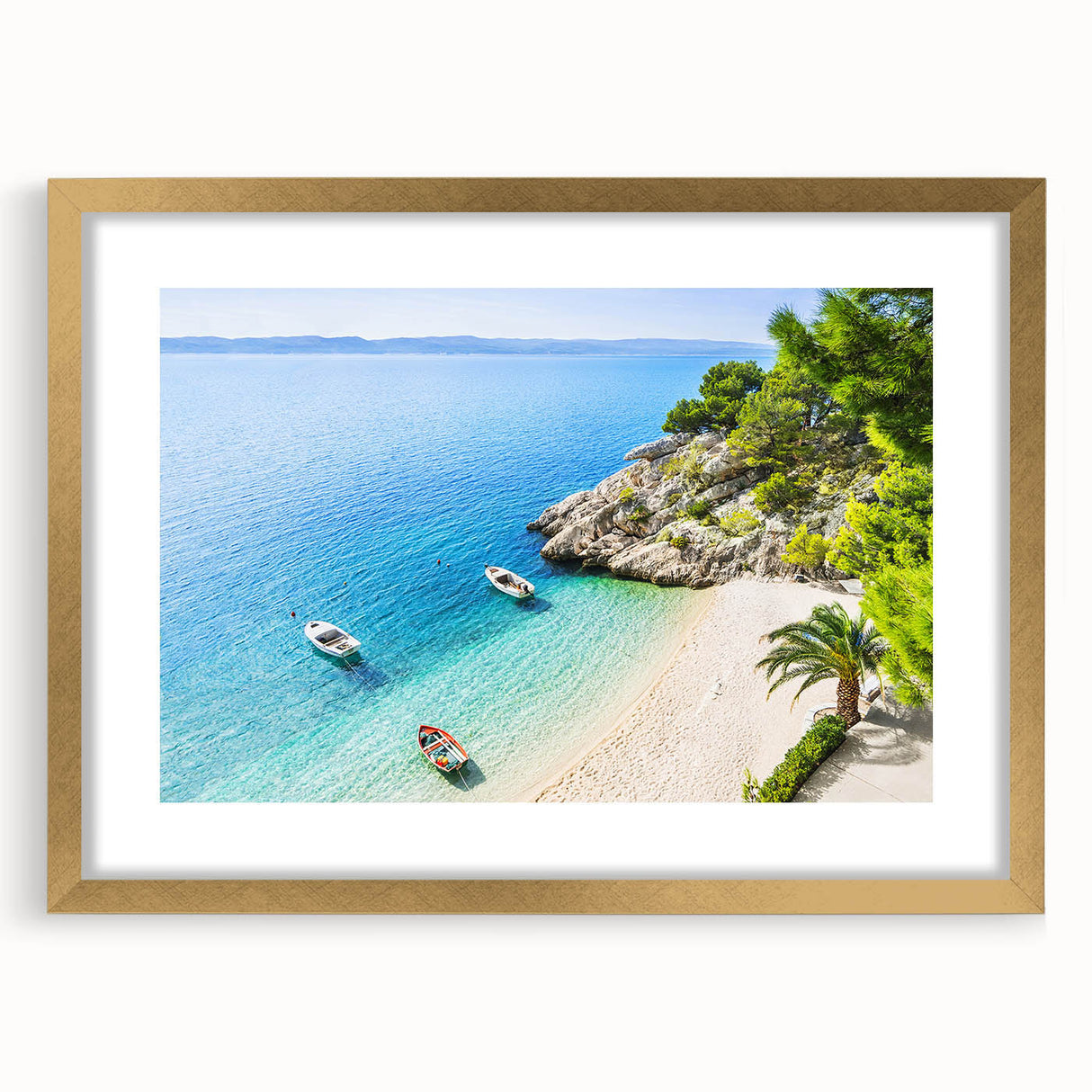 Abstract art print of a European Croatian landscape in muted earth tones on a framed canvas, suitable for dining room decor.