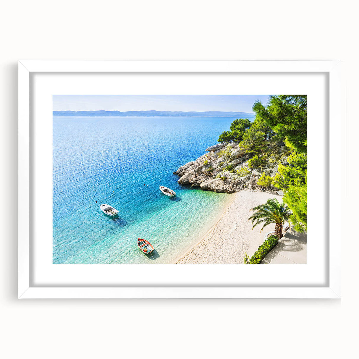 Textured abstract art print of a Croatian landscape in muted earth tones on a framed white mat, ideal for bedroom decor.