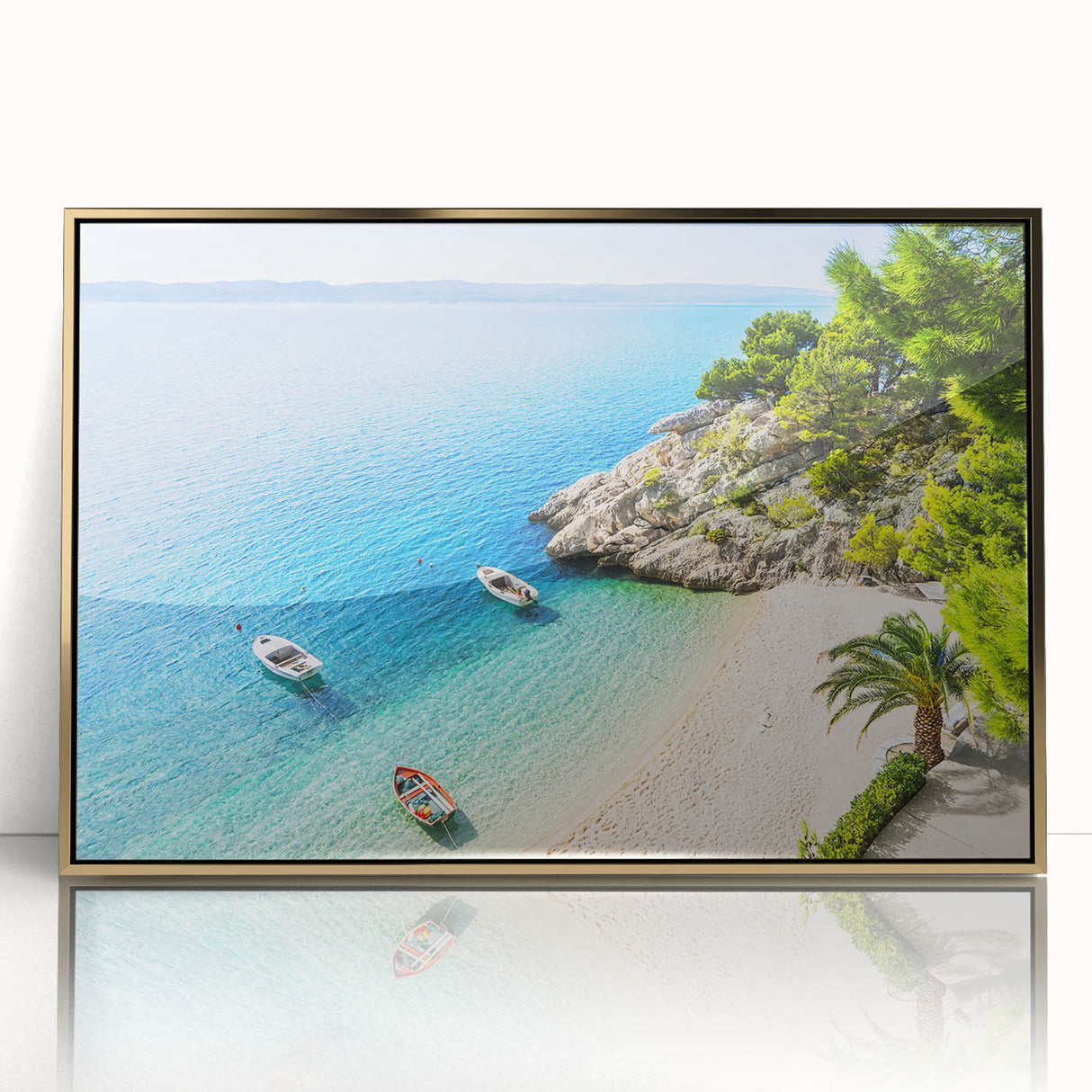 Acrylic print of a Croatian landscape in gold frame, featuring muted earth tones, ideal for modern art wall decor.