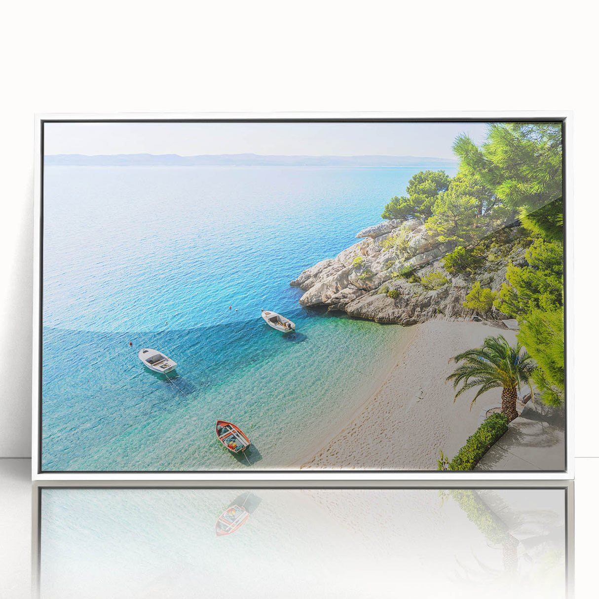 Mid-century modernist art depicting a Croatian landscape on a white-framed acrylic print, ideal for nursery wall art.