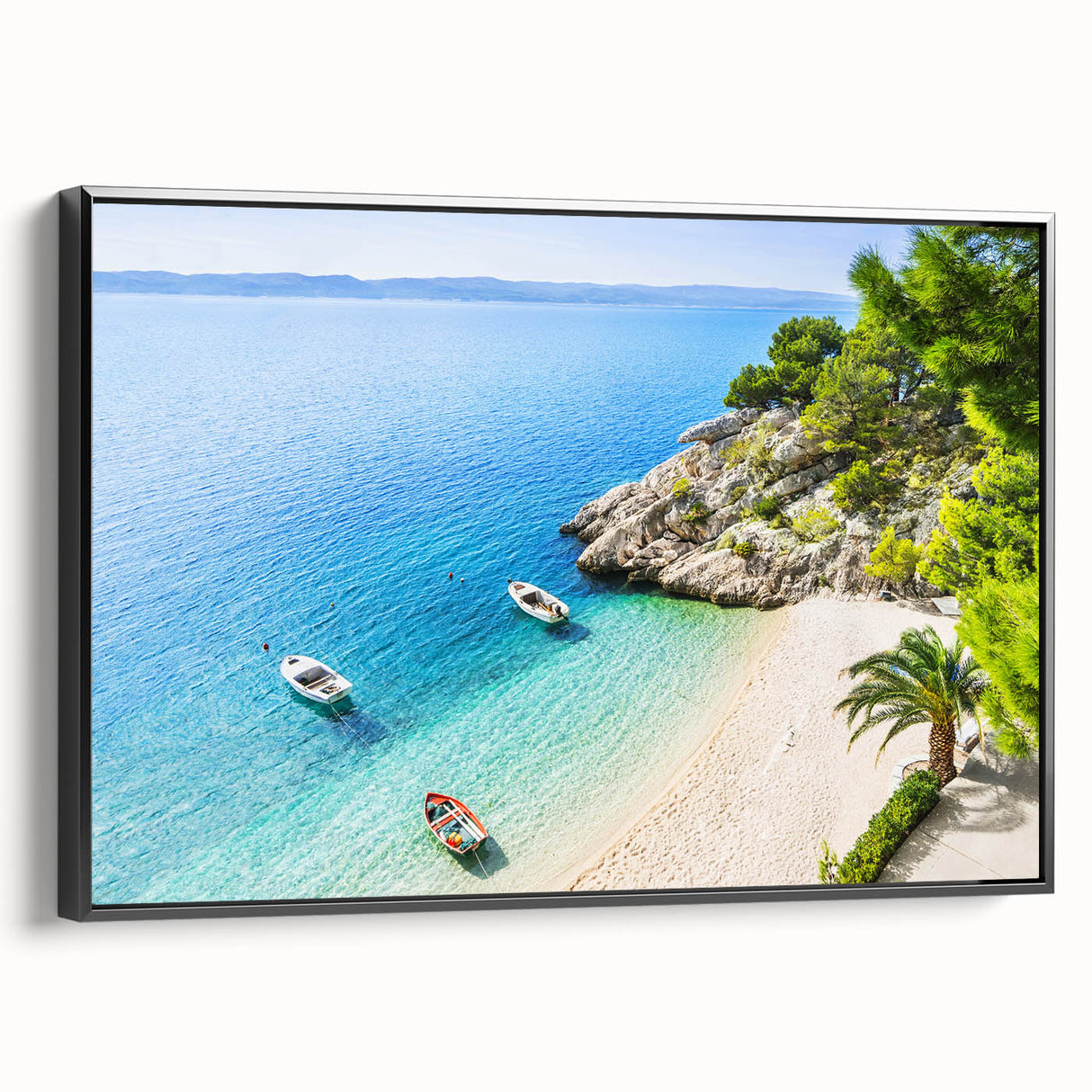 Black and white framed canvas of a vintage Croatian landscape, ideal for bedroom wall art.