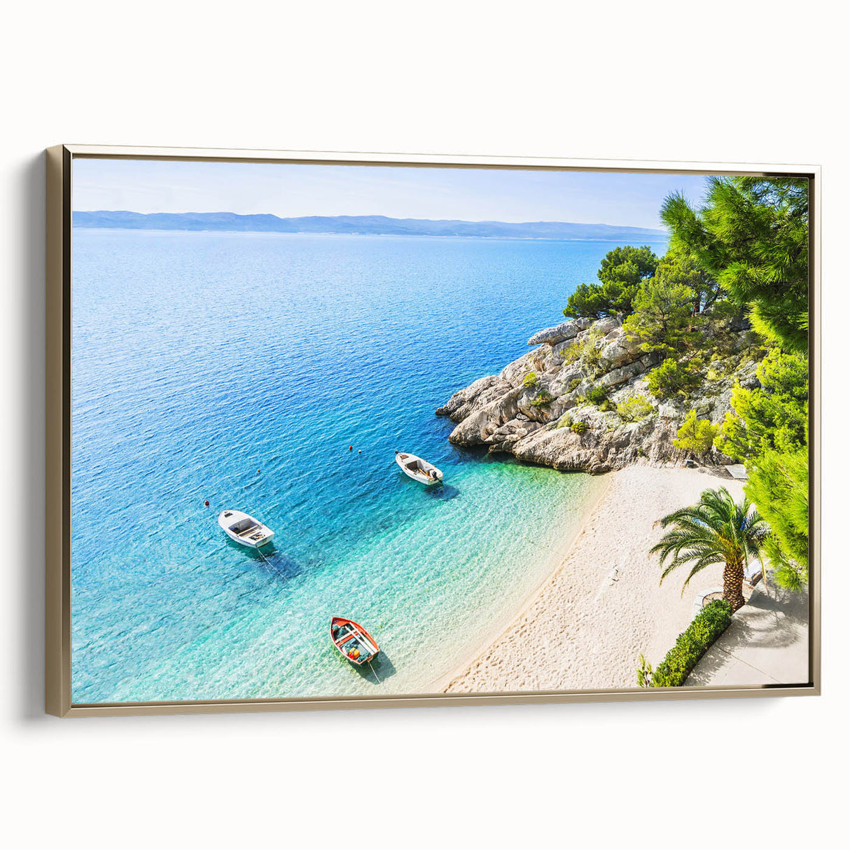 Framed canvas featuring a vintage-style landscape painting of a Croatian scene, with muted earth tones.