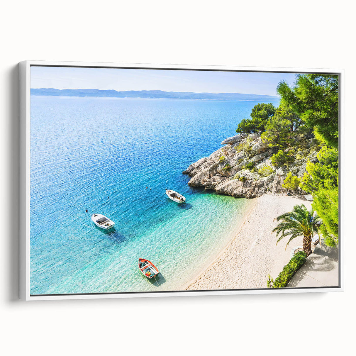 Vintage poster art of a Croatian landscape on a framed canvas, featuring a blend of colorful art and black tones.