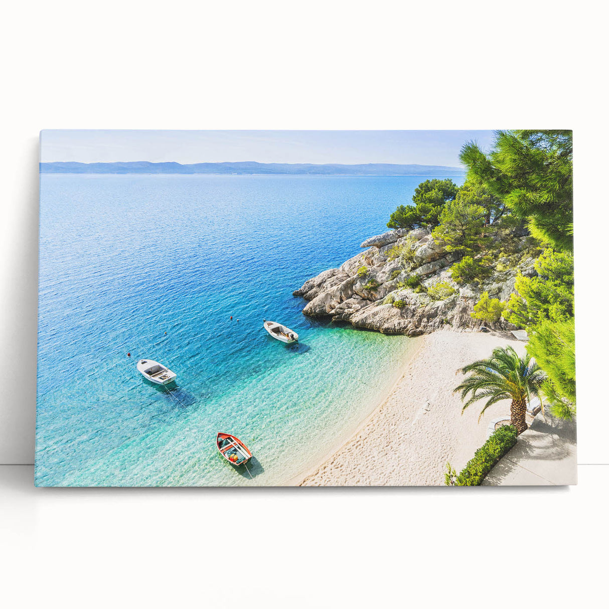 Black and white stretched canvas of a European Croatian landscape, ideal for kitchen wall art.