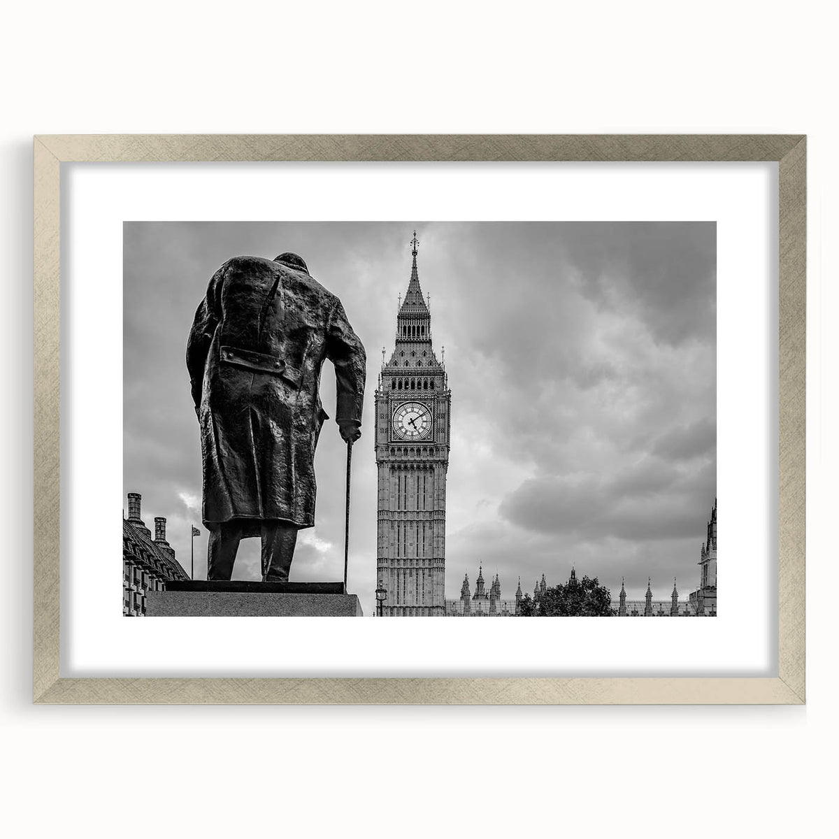 Extra large abstract art print of London scenery in muted gray and silver frame, ideal for living room decor.