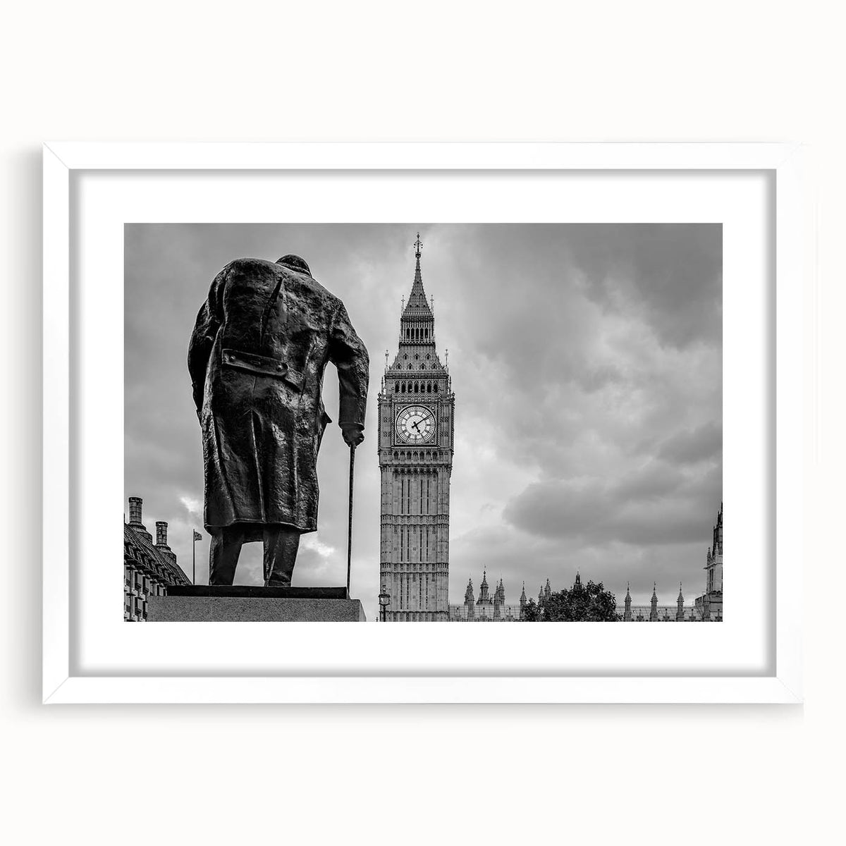 Textured art of abstract London skyline in muted gray and blue tones, framed with a white mat, ideal for bedroom art.
