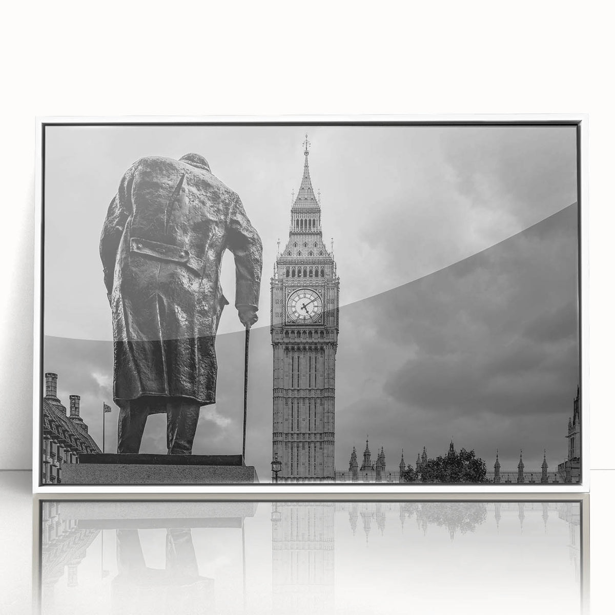 Mid-century modernist London skyline in muted blue and white tones on a framed acrylic, suitable for modern art wall decor.