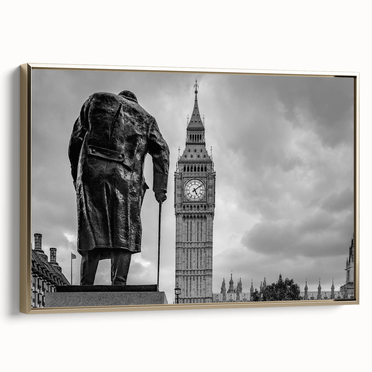 Framed canvas featuring a vintage-style London landscape in muted gold and black tones, ideal for bedroom wall art.