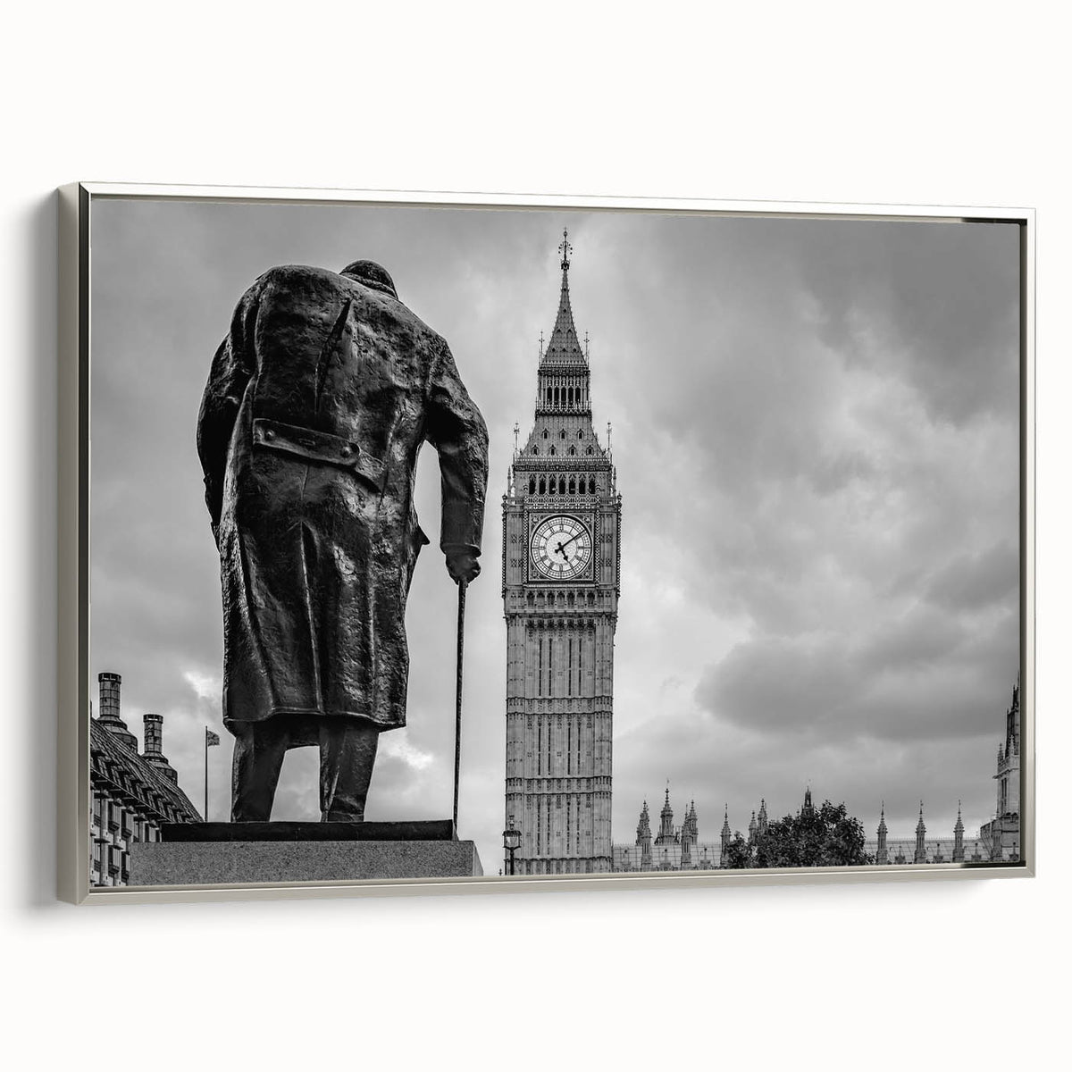Landscape art painting of London on framed canvas, featuring a vintage poster style with colorful art on a black background.