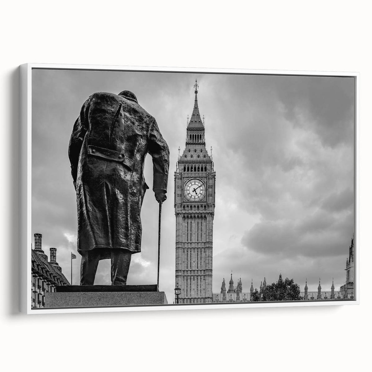 Vintage poster art of London scenery in vibrant colors on a large framed canvas, ideal for living room decor.
