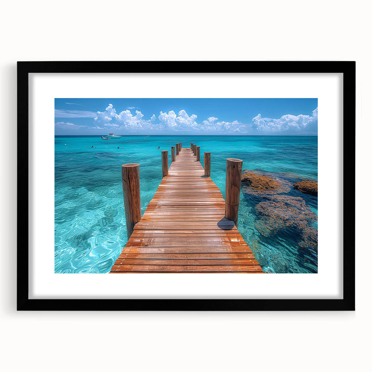 Colorful abstract art print of Cancun scenery in vibrant hues on a large framed canvas, ideal for living room decor.