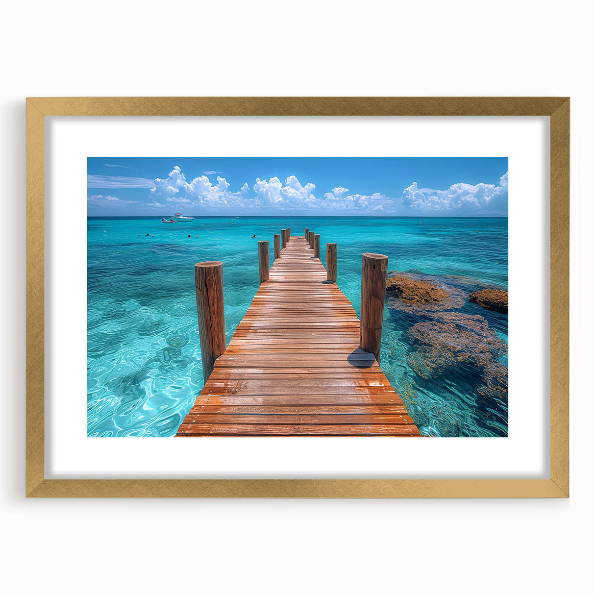 Extra large abstract art print of Cancun scenery in gold frame, featuring textured design with vibrant colors.