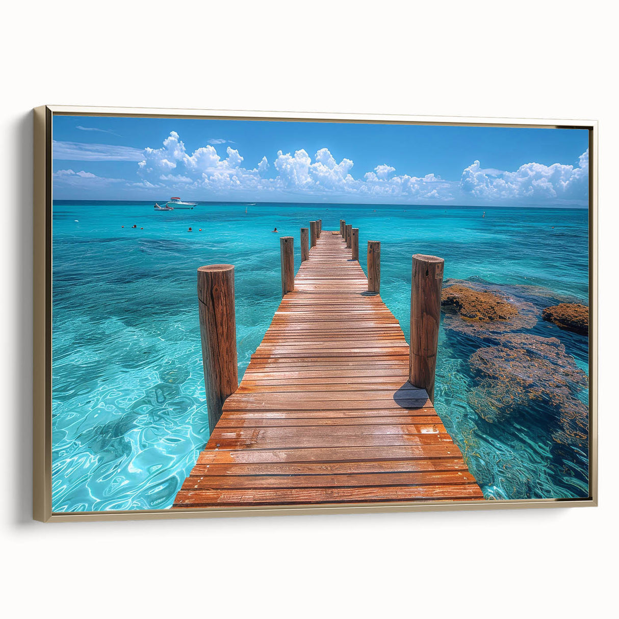 Framed canvas depicting a vintage-style Cancun landscape in muted gold and black tones, ideal for bedroom wall art.