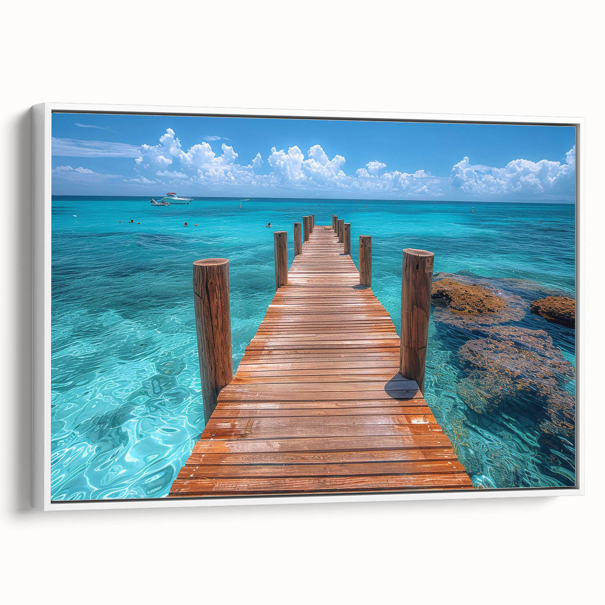 Vintage poster art of Cancun scenery on framed canvas, featuring vibrant colors on a black background.