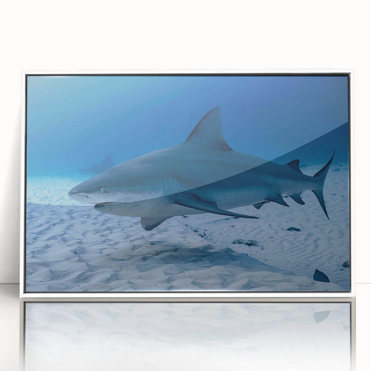 Framed acrylic print of a serene Quintana Roo landscape in muted blues and greens, ideal for modern art wall decor.