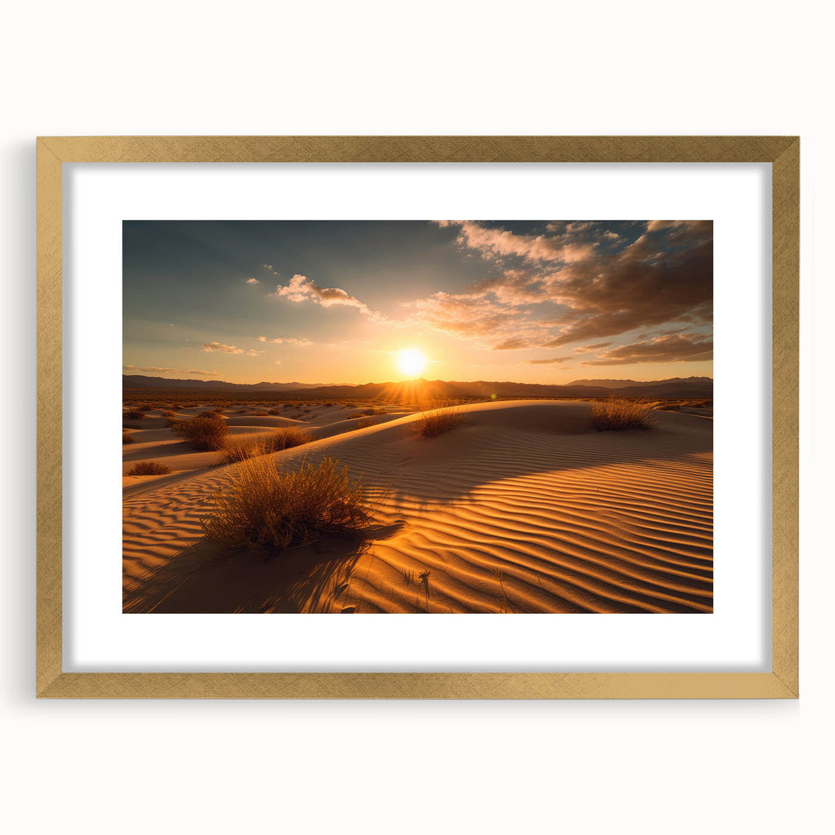 Extra large abstract art print of Dubai skyline in textured gold tones on a framed canvas, ideal for living room decor.