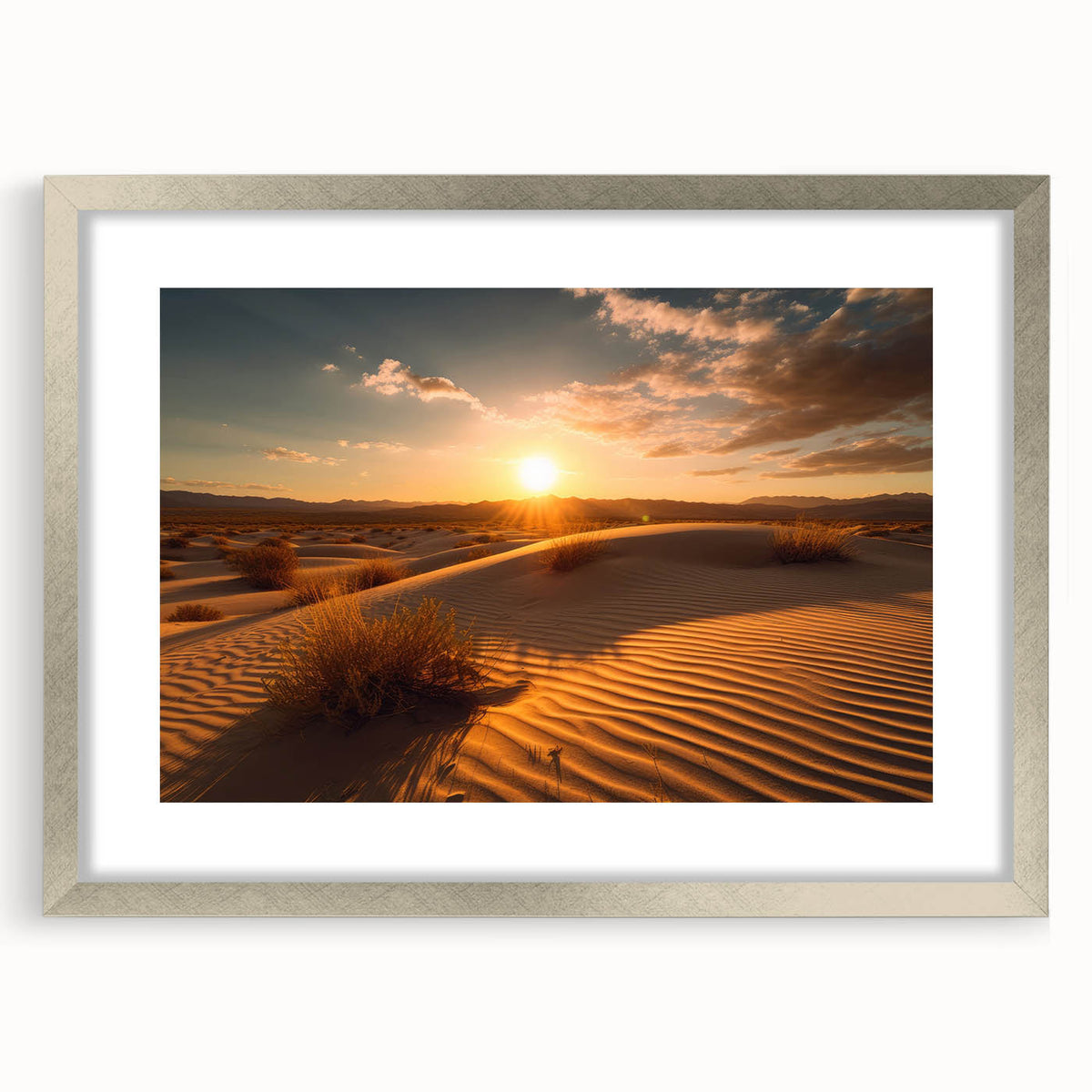 Textured abstract art print of Dubai skyline in muted metallic tones on a framed canvas, suitable for bedroom decor.