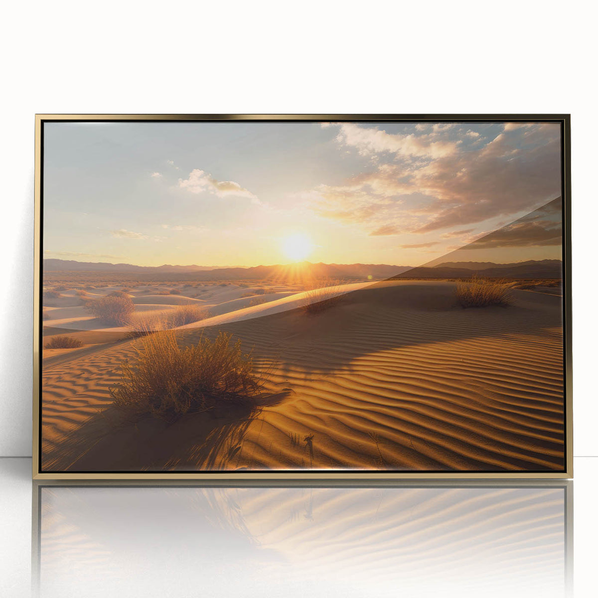 Framed acrylic print of Dubai skyline in gold and blue tones, suitable for modern art wall decor.