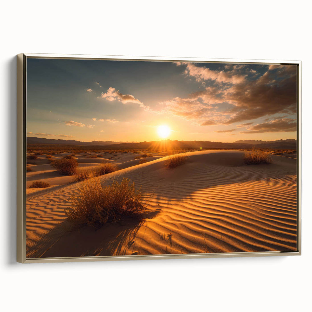 Framed canvas featuring a vintage-style landscape painting of Dubai with a dominant black and gold color palette.
