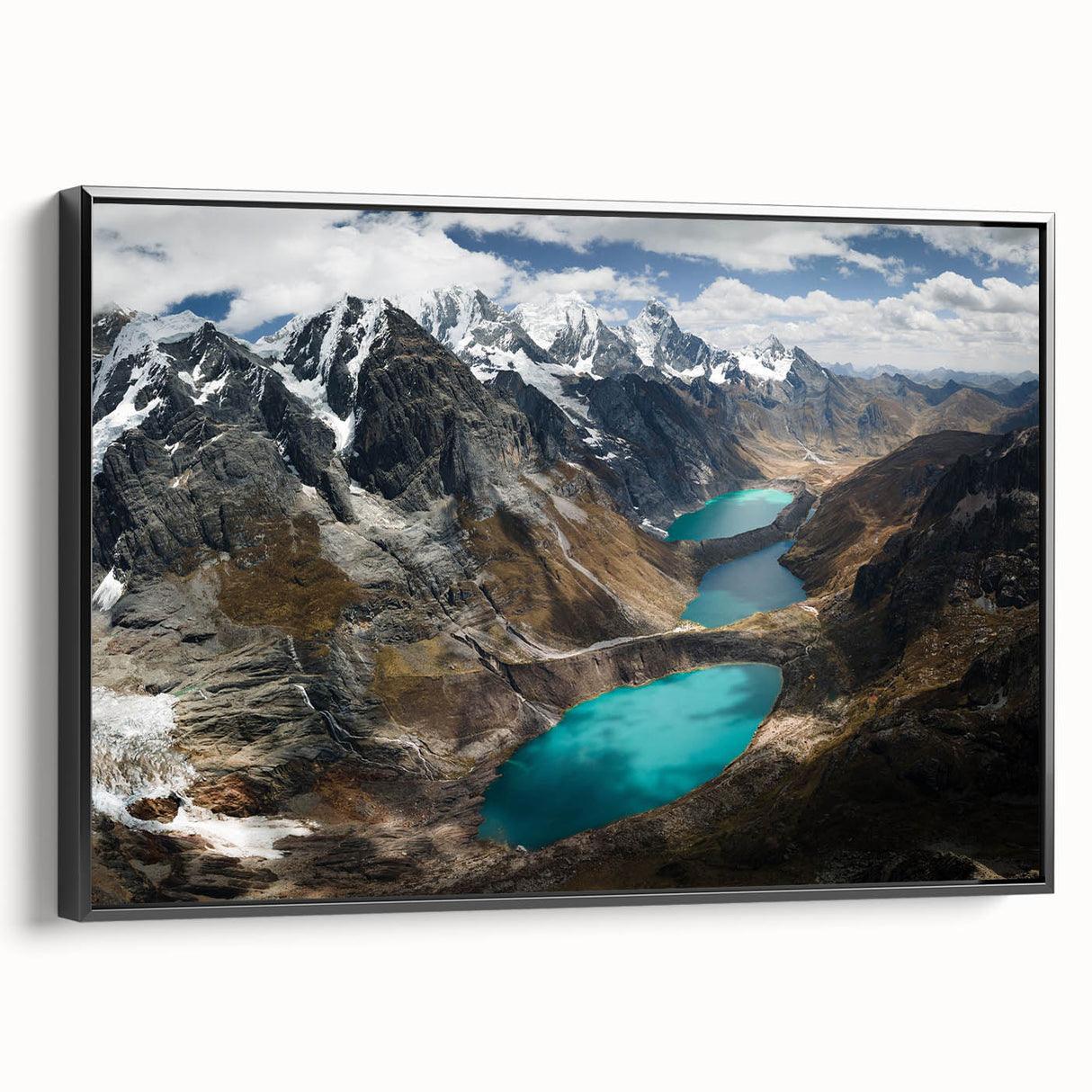 Black and white framed canvas featuring a vintage-style landscape of a Peruvian scene, ideal for bedroom wall art.