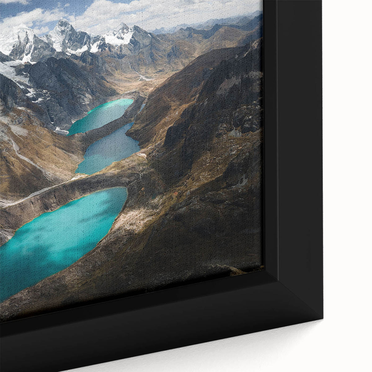 Extra large framed canvas of a textured, colorful Peruvian landscape, primarily in black, ideal for living room decor.
