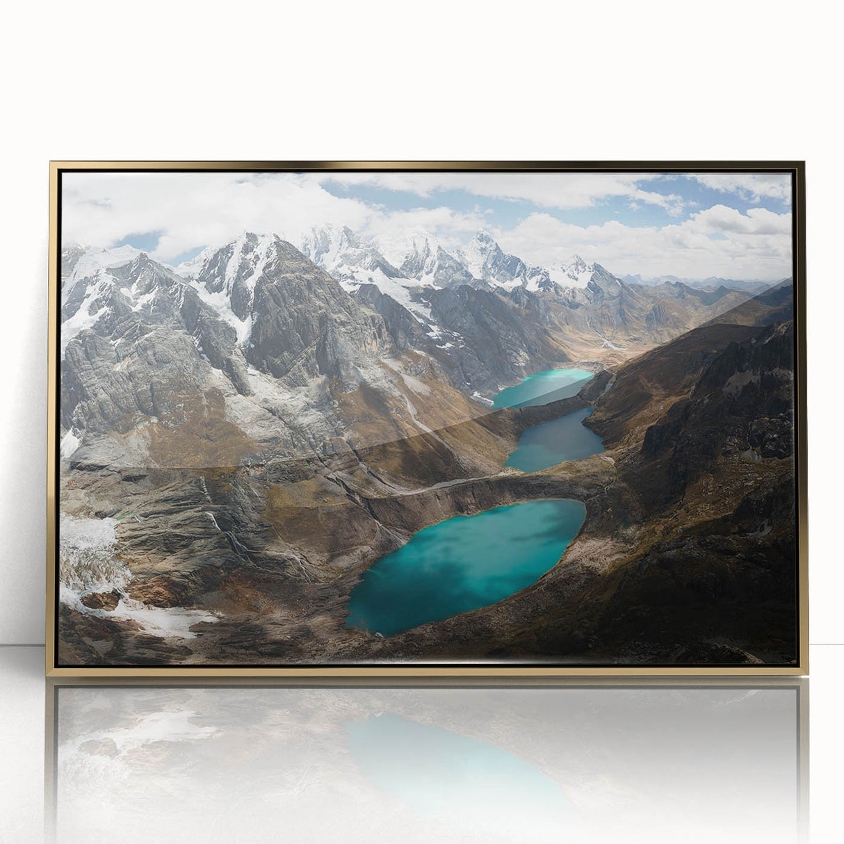 Mid-century modernist depiction of a Peruvian landscape on a large acrylic print with gold framing.