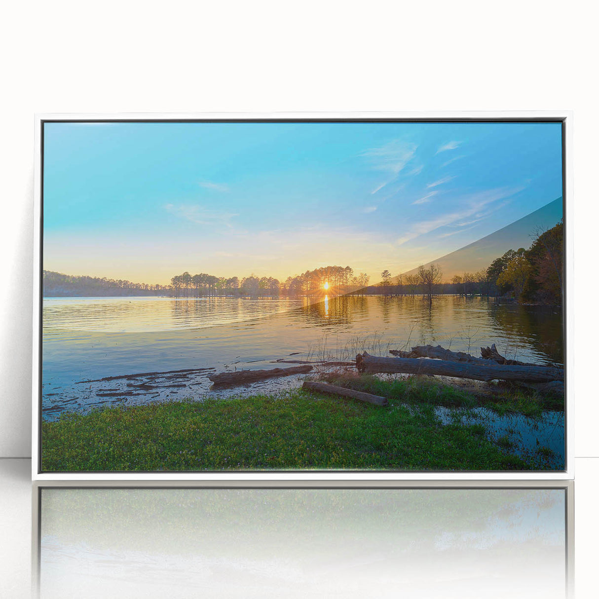 Acrylic print of a serene Arkansas landscape in soft pastel colors, framed in white, suitable for nursery wall art.