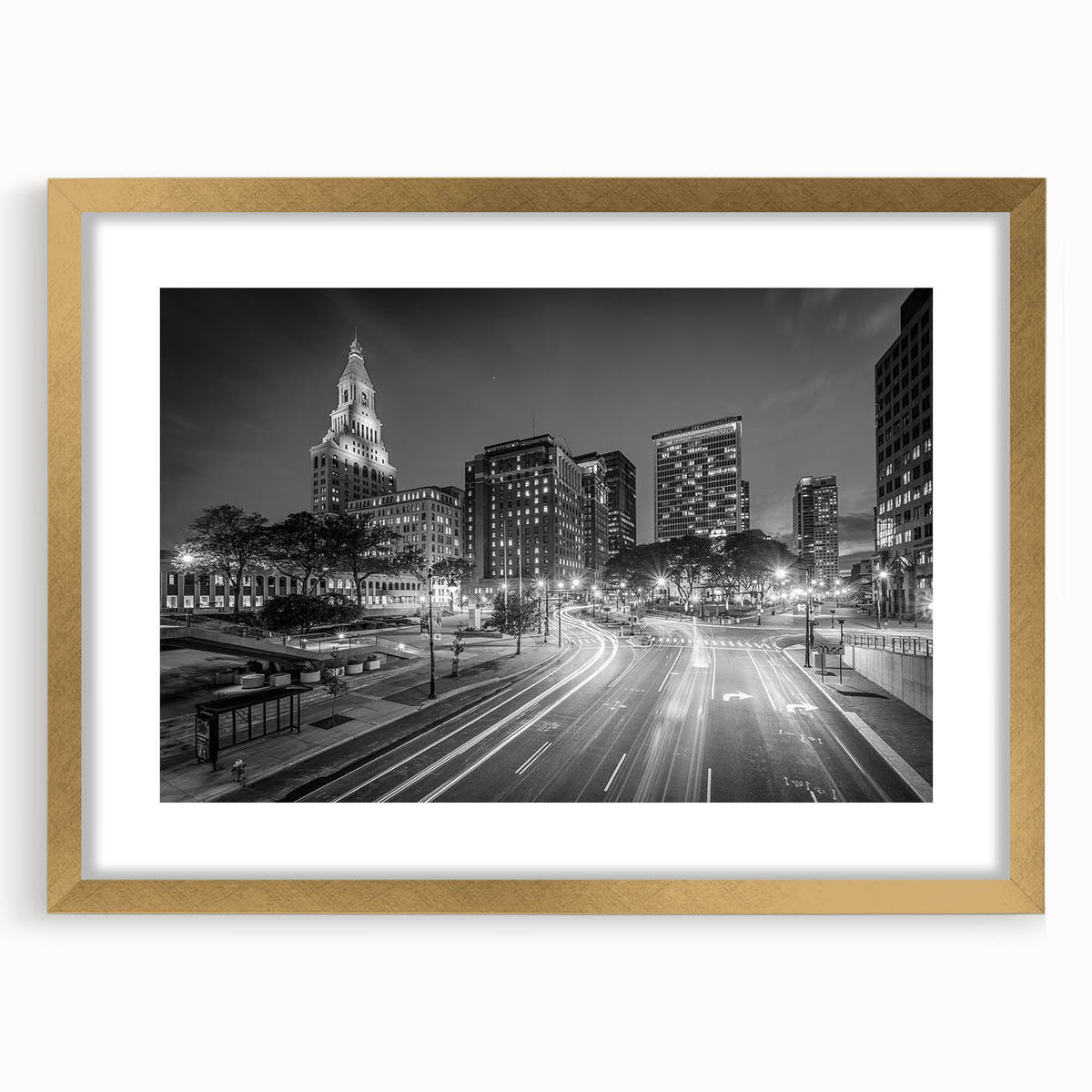 Extra large abstract art print of a textured Connecticut scenery in muted earth tones, framed in gold.