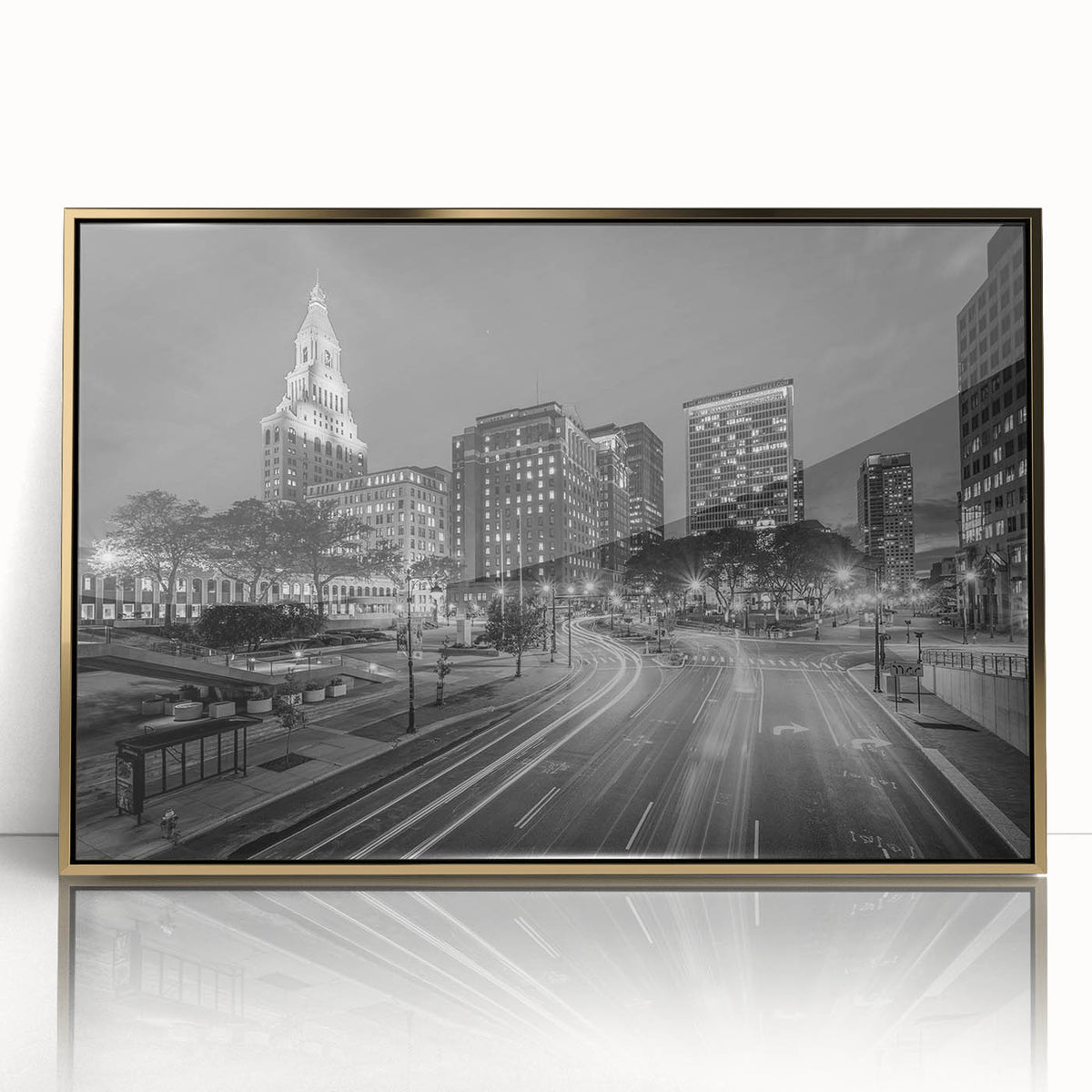 Mid-century modernist art depicting Connecticut scenery in muted green and gold tones on a framed acrylic print.