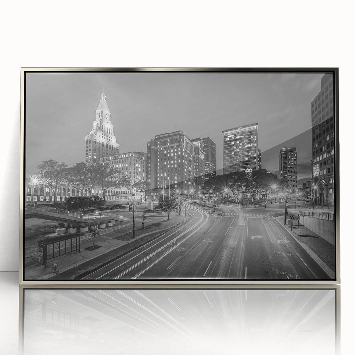 Mid-century modernist art depicting Connecticut scenery in muted colors on a framed acrylic.