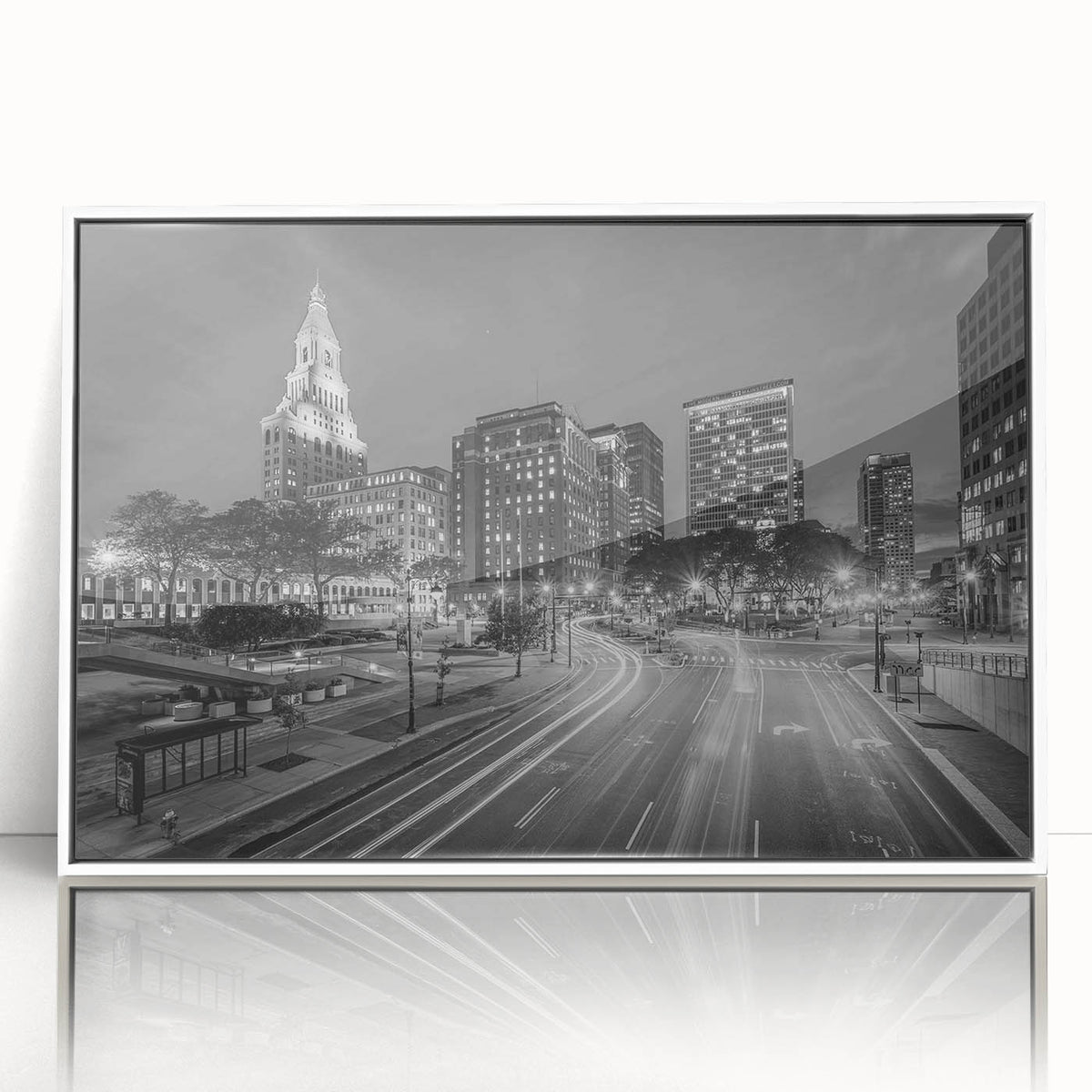 Art deco poster of Connecticut scenery in muted gray and blue tones on framed acrylic, ideal for modern nursery wall art.