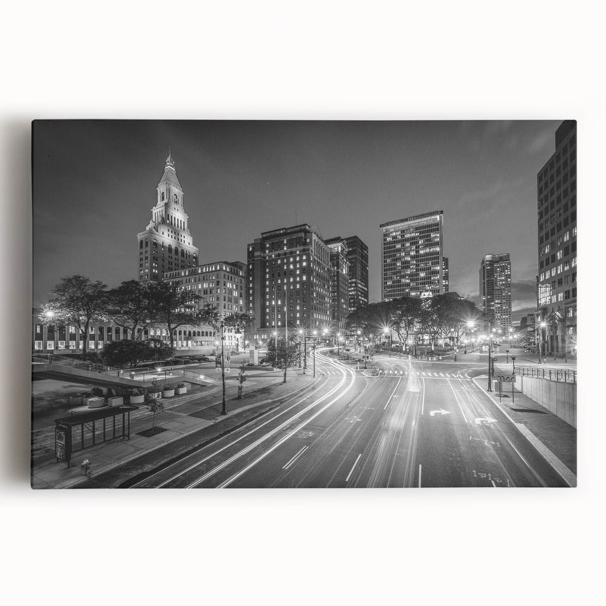 Black and white photograph of Connecticut scenery on large stretched canvas, suitable as kitchen wall art.