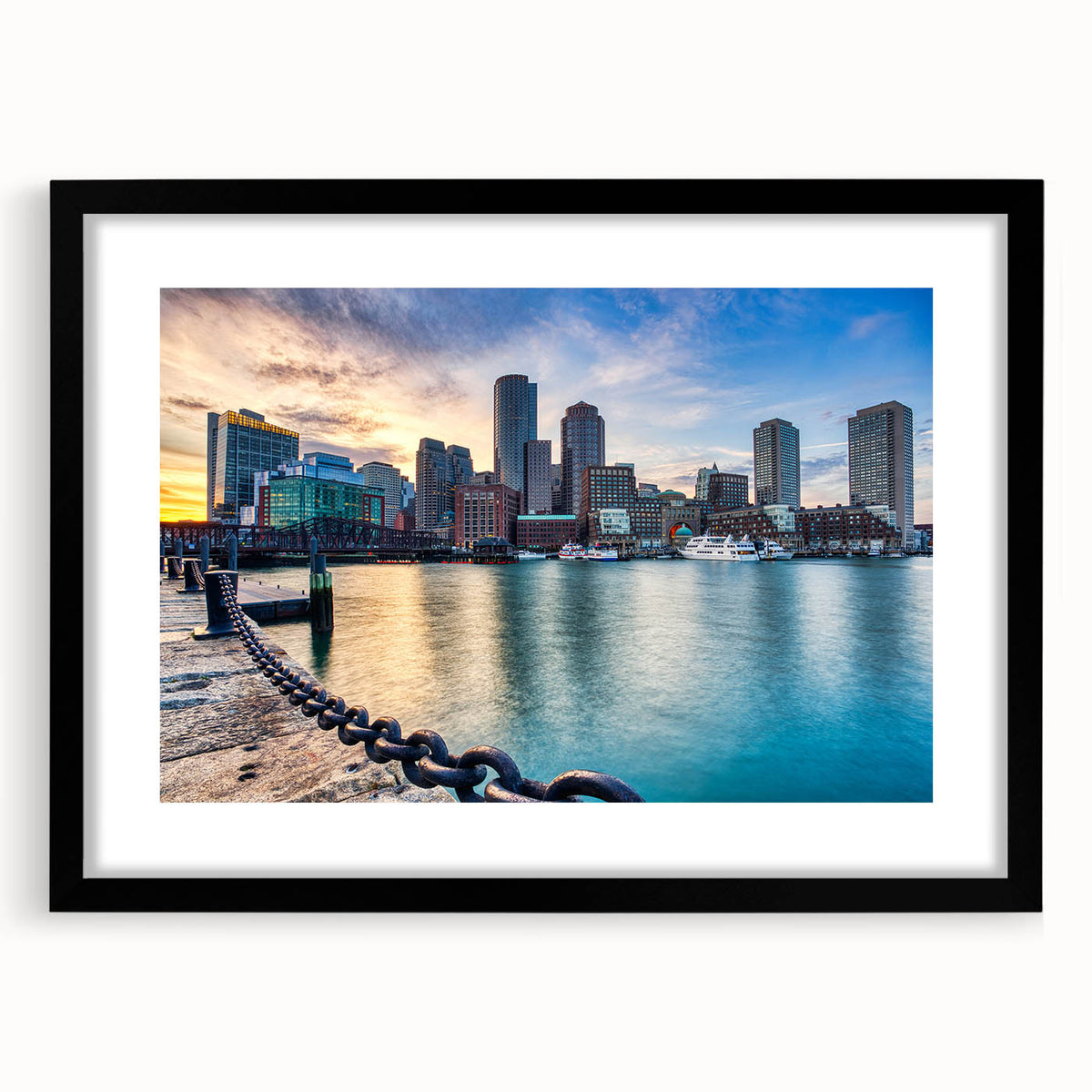 Colorful abstract depiction of Boston skyline on a large textured canvas, suitable for living room decor.